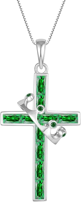 Gemstone Crown Cross Necklaces for Women, 925 Sterling Silver Rectangular cut Zircon Pendant With Rotated Crown Faith Cross Jewelry Gift