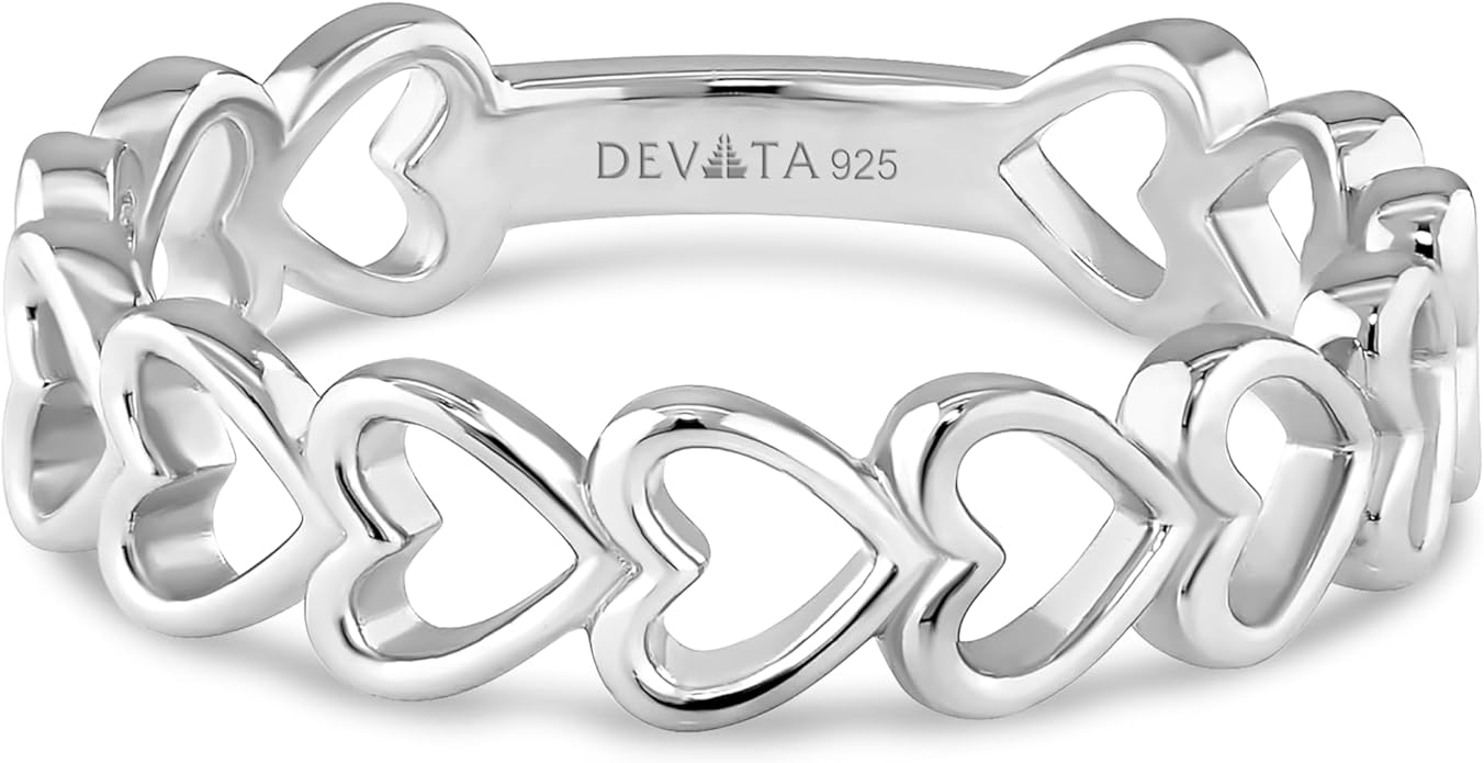 DEVATA Gold or Rhodium Plated Sterling Silver 925 – Eternity, Band Ring for Women – Heart, Knot, Clover, Infinity, Mariner, Cable, Curb, Cuban, Figaro, Daisy, Rope, Ribbed, Dome