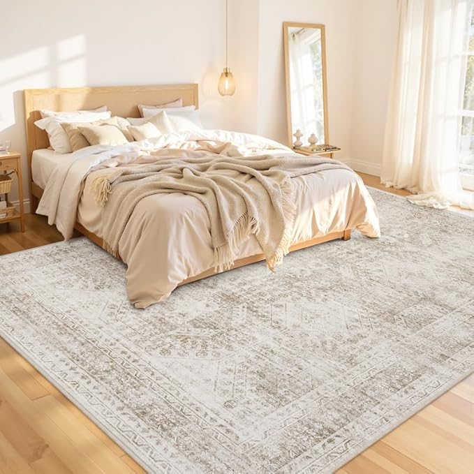 10x12 Area Rug for Living Room: Vintage Boho Neutral Washable Rug Indoor Soft Large Area Rug Carpet for Bedroom Nursery Farmhouse Dining Room Office Floor Non-Slip Low Pile Under Table Rug Brown