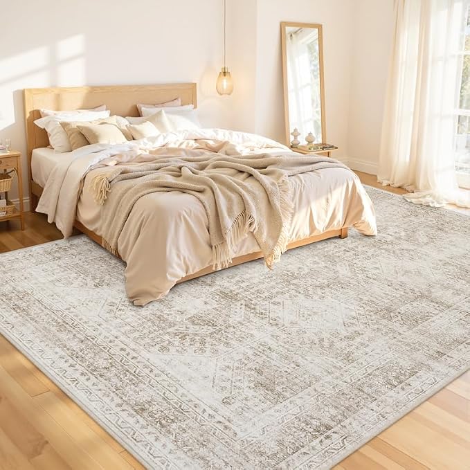 Area Rugs 9x12 Living Room: Vintage Boho Neutral Washable Rug Indoor Soft Large Area Rug Carpet for Bedroom Nursery Farmhouse Dining Room Office Floor Non-Slip Low Pile Under Table Rug Brown