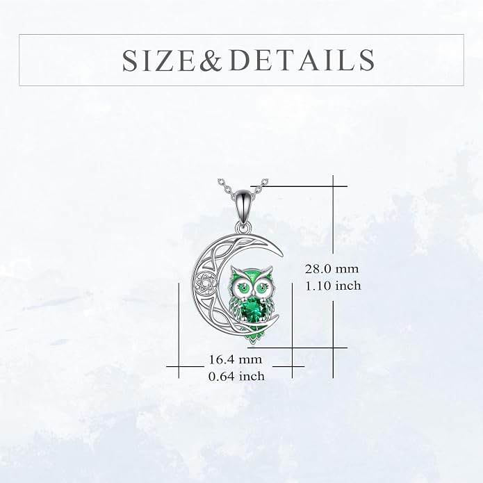 Owl Birthstone Necklace Sterling Silver Celtic Moon Pendant Cubic Zirconia Owls Jewelry Birthday Gifts for Women Men