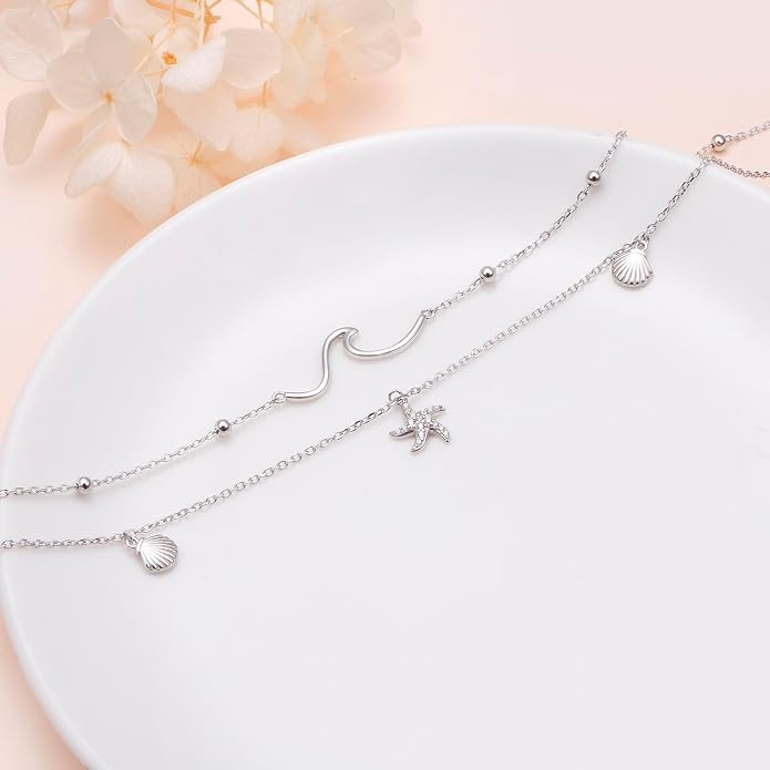Layered Choker Necklaces for Women S925 Sterling Silver Circle/Heart/Cross/Star Multi Layered Necklace Handmade Bead Chain Adjustable Jewelry for Birthday
