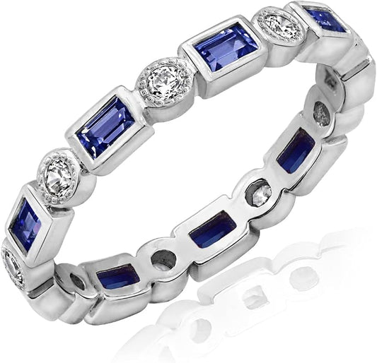 Amazon Essentials Platinum-Plated Sterling Silver Created Gem Eternity Band Ring set with Infinite Elements Cubic Zirconia Accents
