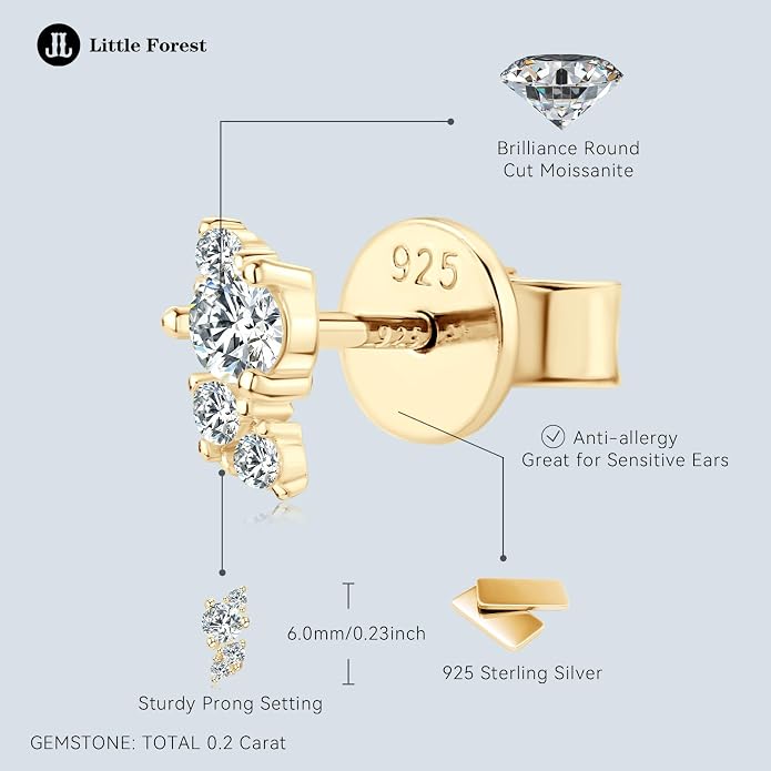 Moissanite Cartilage Earrings, 925 Sterling Silver Tiny Studs, Dainty Stylish Fashion Jewelry for Women Teen Mom, Hypoallergenic for Sensitive Ears, Gift Box Included