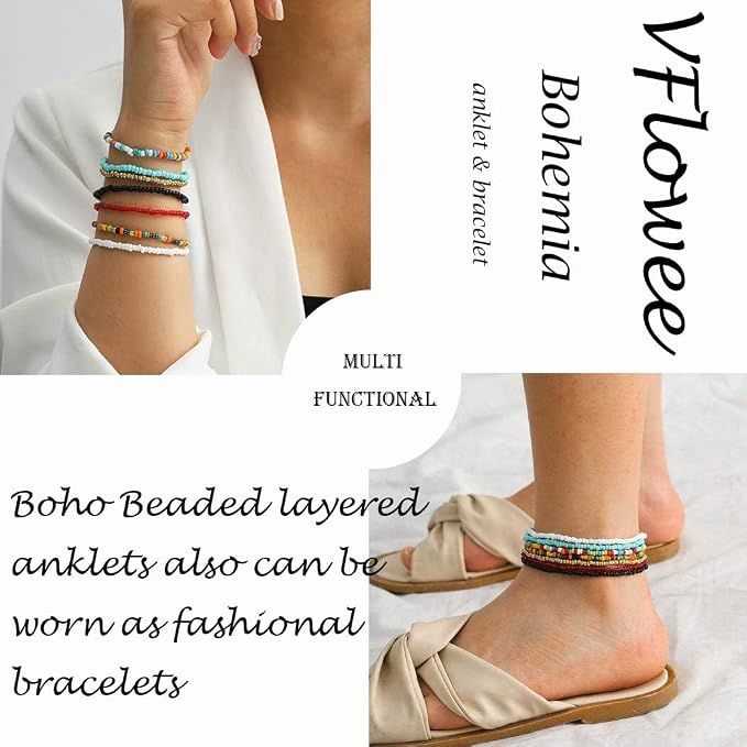 Boho Handmade Beaded African Anklets Multicolor Women Stretch Seed Beads Rainbow Ankle Bracelets Glass Bead Bracelet Elastic Foot and Hand Chain Jewelry (7PCS)