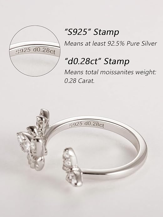 Moissanite Flower/Butterfly/Star Pretty Open Ring for Women, Adjustable Ring, Solid 925 Sterling Silver with Gold Plated, Stackable Ring, Birthday Valentines Anniversary Mothers Day Ideal Gift for Her