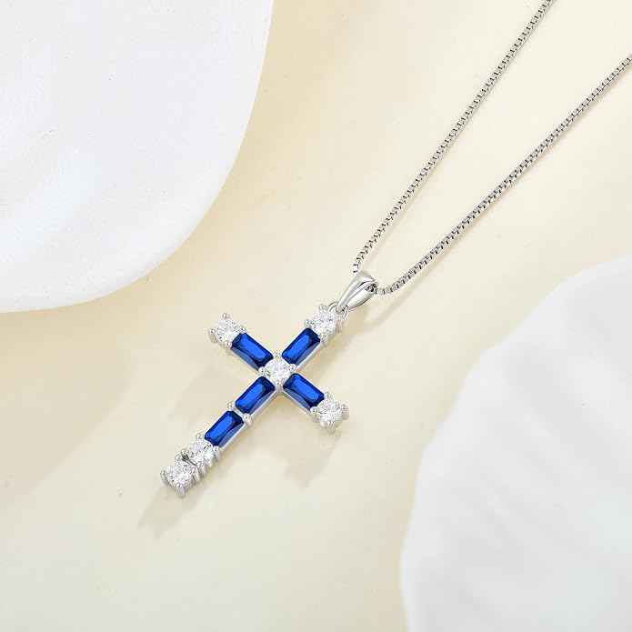 Birthstone Cross Necklace for Women 925 Sterling Silver Christian Religious Crucifix Pendant Rectangular Cut Birthstone Jewelry Gifts for Her