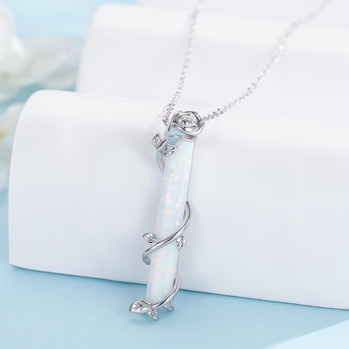 Bar Opal Leaf Necklace For Women S925 Sterling Silver White Opal Pendant with Leaf Charm Bar Pendant Jewelry Gift For Mom Daughter Wife