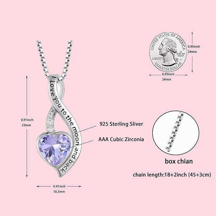 I Love You to The Moon and Back Necklace for Women, 925 Sterling Silver Heart Birthstone Pendant Necklace Jewelry Anniversary Birthday Gifts for Girls Women Wife Mom Daughter