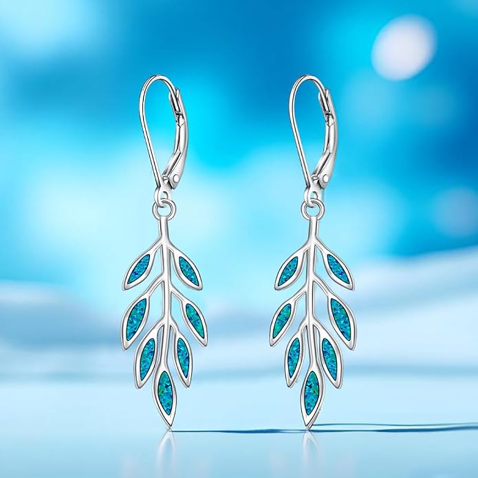 Leaf Earrings for Women Sterling Silver Opal Dangle Earrings Nature Green Blue Opal Drop Leaf Abalone Shell Jewelry Gifts