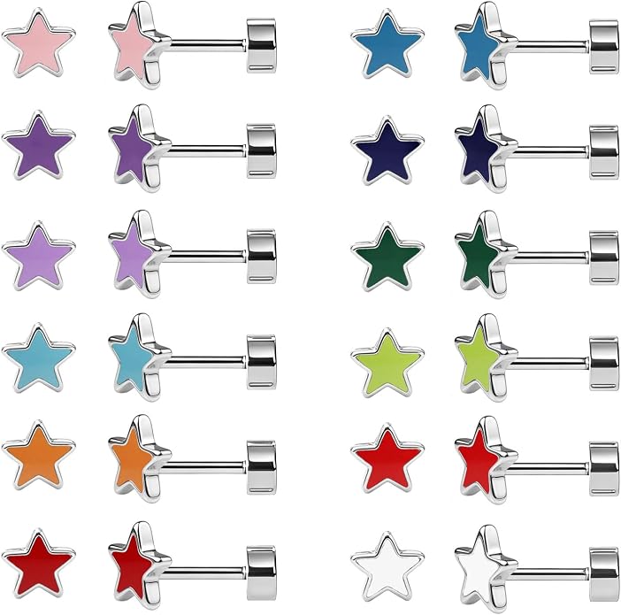 JMLOON 12 Pairs Enamel Flat Back Stud Earrings Surgical Stainless Steel Round Heart Star Square Hexagon Screw Back Stud Earrings
