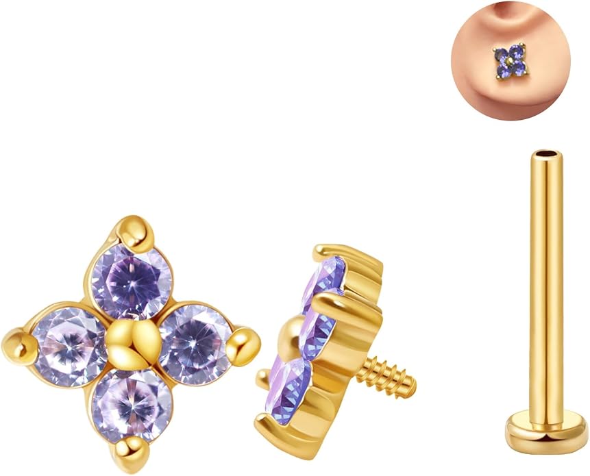 FANSING CZ Flower Internally Threaded Flat Back Earring Labret Stud for Cartilage Tragus Helix Conch