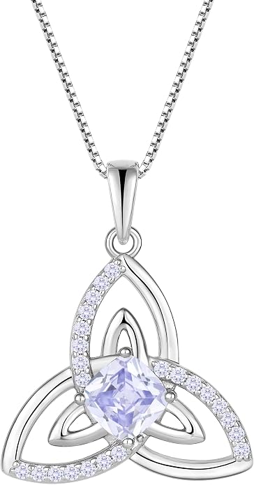 Celtic Birthstone Necklace for Women 925 Sterling Silver Trinity Knot Triquetra Crystal Pendant