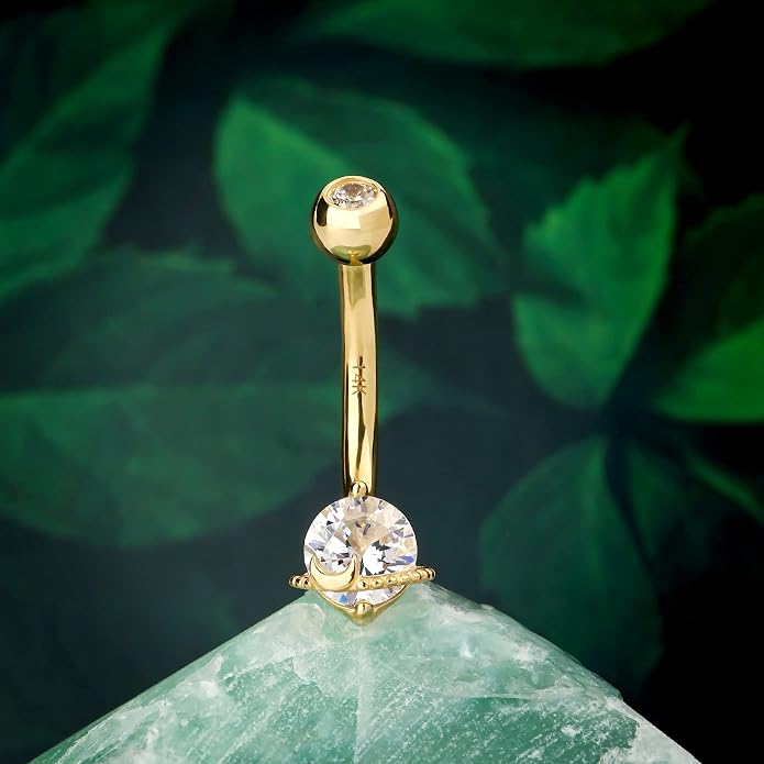 COCHARM 14k Gold Belly Button Rings 14G Saturn Yellow Gold Belly Rings for Women Dainty Belly Piercing Jewelry
