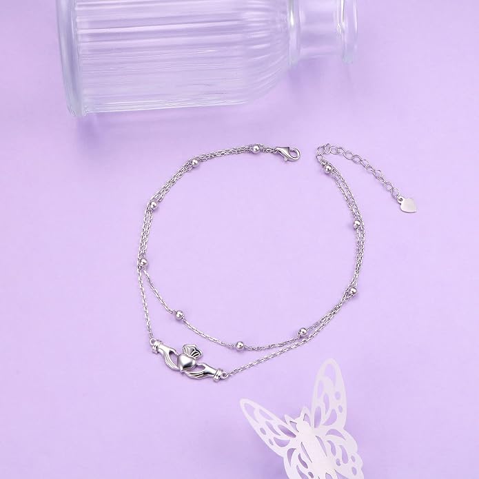 Yearace Anklet for Women S925 Sterling Silver Adjustable Foot Beaded Chain Lotus Flower Claddagh Dragonfly Witches Knot Ankle Bracelet Summer Beach Anklets Jewelry Gift