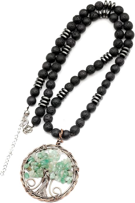 ElisaJewelryArt - Natural Labradorite Big Tree Of Life Black Lava Stone Beaded Necklace Genuine Gemstone Energy Stone Clasp Closure Necklace Unisex Necklace