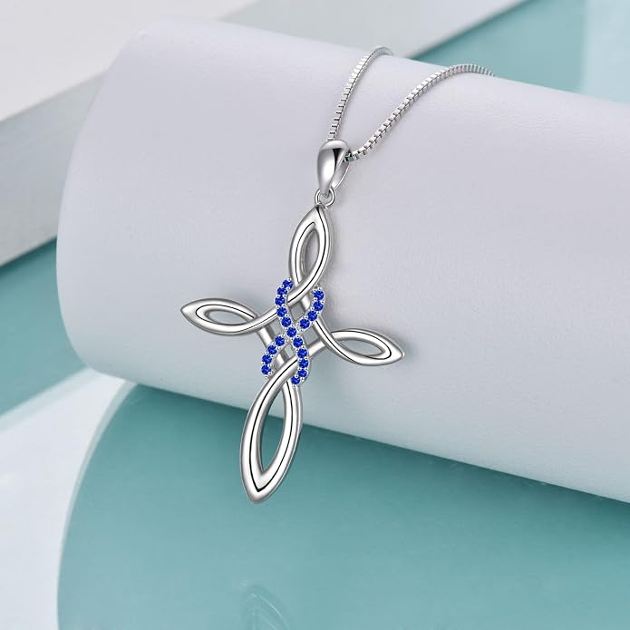 LUHE Celtic Knot Cross Necklace Sterling Silver Birthstone Polished Religious Infinity Celtics Jewelry Gifts for Women
