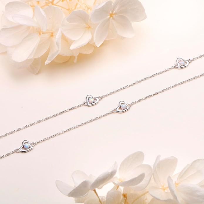 Flyow Anklet for Women S925 Sterling Silver Adjustable Foot Beaded Heart Charm Ankle Bracelet Anklets Jewelry
