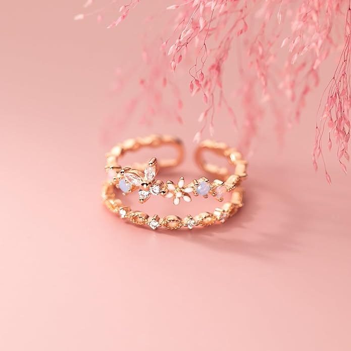 LOVECOM 925 Sterling Silver Butterfly Daisy Flower Rings for Women Mothers Self Love Ring for Myself Adjustable Gold Layered Colorful Opal Cubic Zirconia Stackable Ring Jewelry Gifts to Daughter