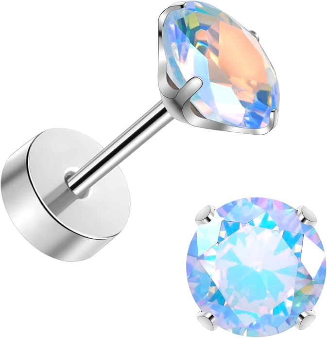 Titanium Earrings for Women Stud Earrings Cubic Zirconia Dainty Screw Flat Back Hypoallergenic Earrings for Women for Multiple Cartilage Helix Conch Tragus Piercing Jewelry for Sensitive Ears