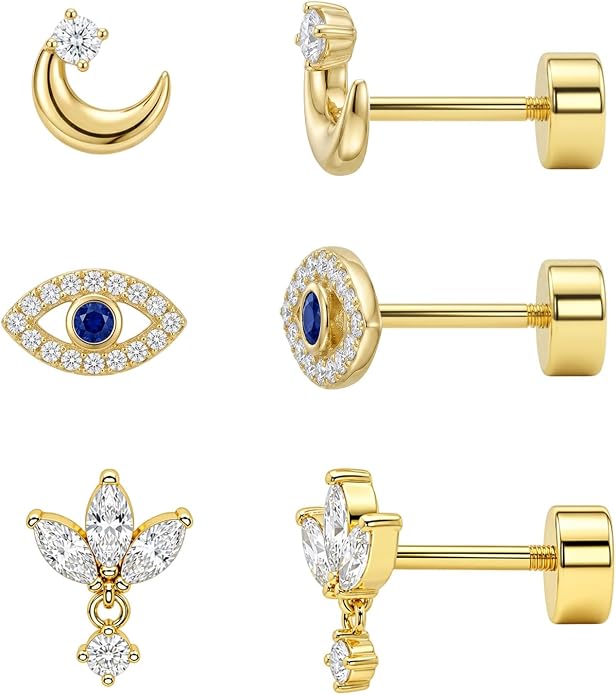 3 Pairs 20G Flat Back Earrings, G23 Titanium Hypoallergenic CZ Studs, 14K Gold Cartilage Helix Tragus Conch Piercing Jewelry for Women