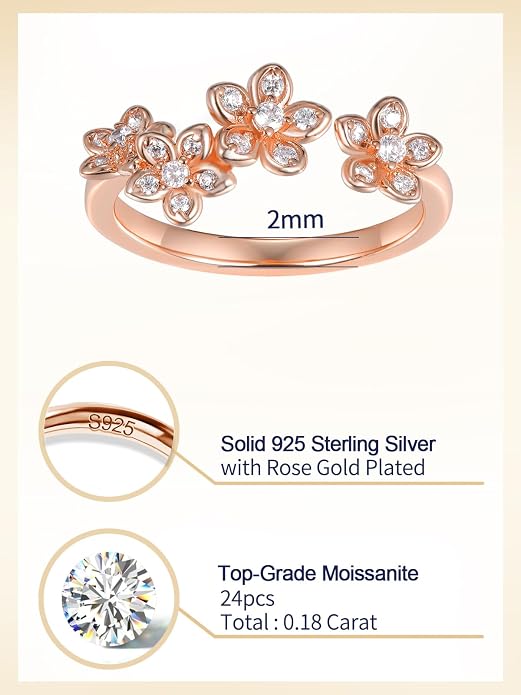 Moissanite Flower/Butterfly/Star Pretty Open Ring for Women, Adjustable Ring, Solid 925 Sterling Silver with Gold Plated, Stackable Ring, Birthday Valentines Anniversary Mothers Day Ideal Gift for Her