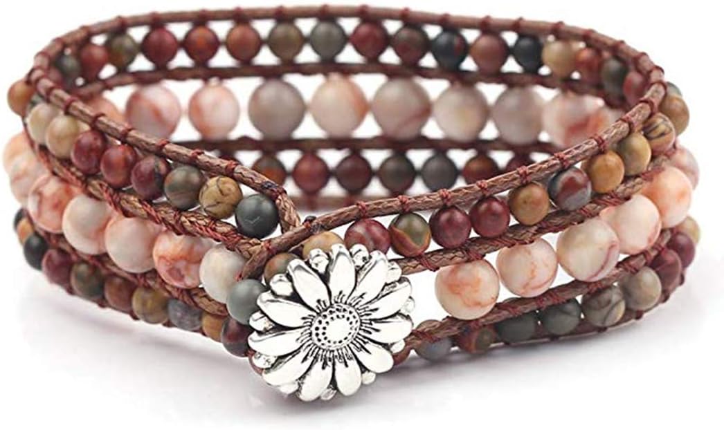 YGLINE Boho Handmade Natural Stone Bead 3 Row Wide Wrap Wrist Statment Bracelet Jewelry Collection
