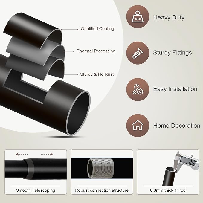 Lootkell Modern Black Curtain Rods for Windows 72 to 144 Inches Adjustable Length Heavy Duty 1" Diameter Window Curtain Rod with Decorative Finials for Outdoor Farmhouse Bedroom Kitchen Living Room