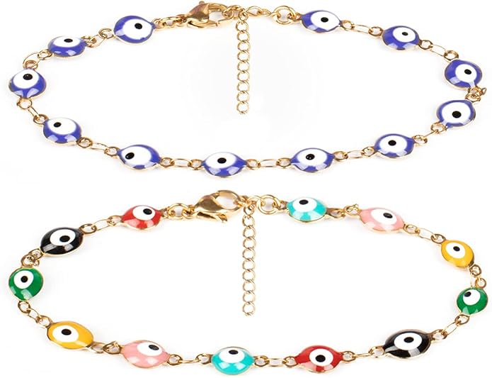 2 Pcs Evil Eye Anklet Bracelets for Women Men,18K Gold Plated Stainless Steel, Handmade Adjustable Amulet, Evil Eyes Jewelry for Family Best Friends