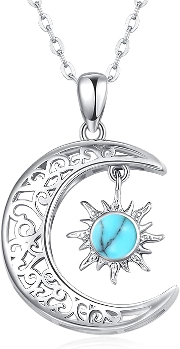 TRISHULA Moon Star Necklace, 925 Sterling Silver Crescent Moon Sun Pendant with Moonstone Crescent Jewelry Gift for Her Sister Birthday Christmas