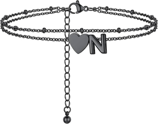 Initial Ankle Bracelets for Women, Dainty Stainless Steel Letter A-Z Layered Anklets, Heart Ankle Bracelet 8.5"-10.5" Adjustable, Summer Beach Jewelry, Come with Box