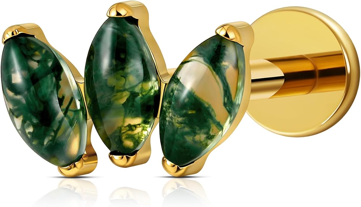 FINE4U 16G Moss Agate Body Piercing Jewelry for Helix Flat Tragus Lobe 16G 6mm 8mm - ASTM F136 Titanium Screw on Flat Back Stud, Hypoallergenic Cartilage Earring
