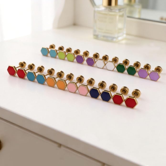 JMLOON 12 Pairs Enamel Flat Back Stud Earrings Surgical Stainless Steel Round Heart Star Square Hexagon Screw Back Stud Earrings