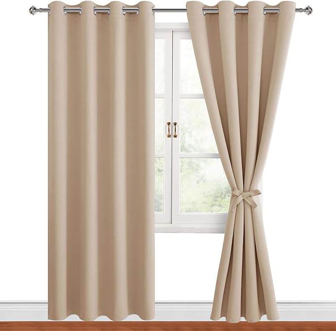 Hiasan Blackout Curtains for Bedroom, 52 x 84 Inches Long - Thermal Insulated & Energy Saving Window Curtains for Living Room, 2 Drape Panels Sewn with Tiebacks, Beige
