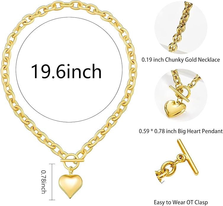 18k Gold/Silver Plated Tiny Heart Chain Link Necklace for Women Dainty Heart Pendant Chain Necklace Chunky Paperclip Choker Necklace for Women Trendy Jewelry Valentines Day Gifts for Women(s)