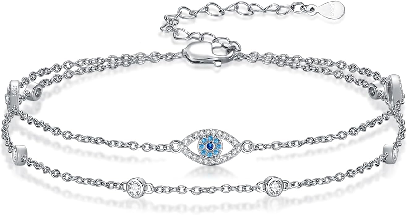 Evil Eye/Butterfly Cross Anklet for Women 925 Sterling Silver Blue Evil Eye Anklets Butterfly Bracelets Greek Blue Eyes Layered Protection Chain Jewelry Christmas Gifts
