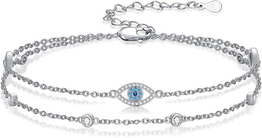 Evil Eye/Butterfly Cross Anklet for Women 925 Sterling Silver Blue Evil Eye Anklets Butterfly Bracelets Greek Blue Eyes Layered Protection Chain Jewelry Christmas Gifts