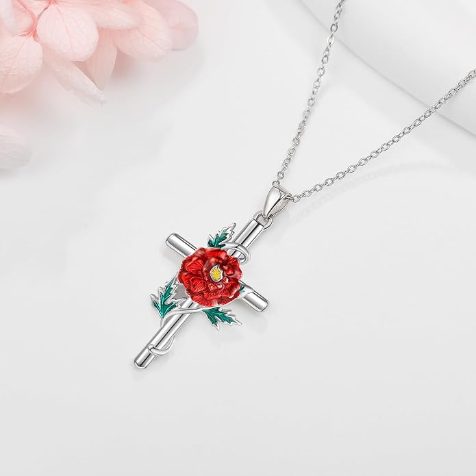 Flower Cross Necklace 925 Sterling Silver Carnation/Rose/Lily/Daisy Cross Necklace Birth Flower Jewelry for Women