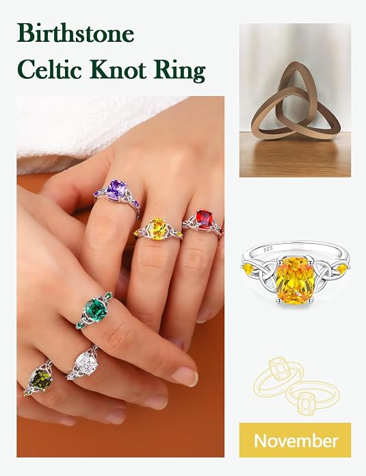 925 Sterling Silver Birthstone Rings for Women Cushion Cut Engagement Celtic Knot Ring Irish Jewelry Created Gemstone Anniversary Rings Size 6-10(with Box)