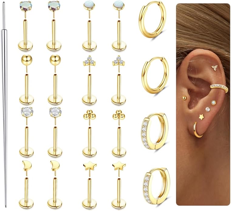 Sanfenly Threadless Flat Back Earrings Studs 316L Surgical Steel Cartilage Earrings for Women Men Push in Nose Rings Studs 20G 18G 16G CZ Opal Tragus Helix Conch Lip Labret Medusa Nostril Piercing Jewelry Hypoallergenic