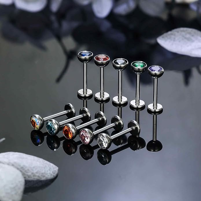 Ruifan Titanium Flat Back Lip Rings Threadless Push in Earrings Studs Nose Rings 20G 18G 16G Jeweled Mix Colors CZ Tragus Cartilage Lobe Rook Helix Conch Labret Medusa Piercing Jewelry for Women Men