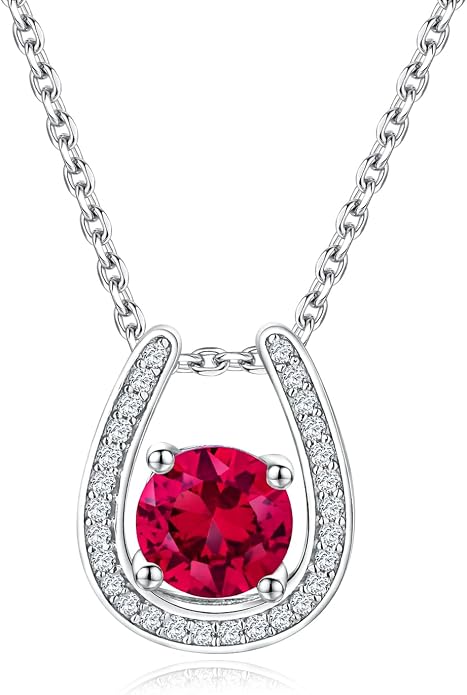 925 Sterling Silver Horseshoe Necklace for Women Round Gemstone Birthstone Necklace Sapphire/Emerald/Ruby/CZ Horse Shoe Pendant Necklaces Jewelry Gift