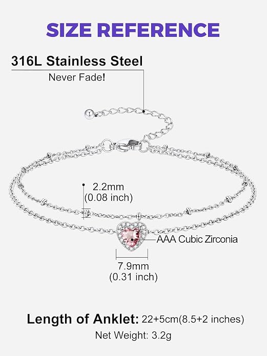 Richsteel Double Layer Heart/Butterfly Birthstone Anklet for Women Non Tarnish Waterproof, Silver/Gold/Black Stainless Steel 8.5-10.5 Inch Adjustable Chain Anklets Jewelry Gifts for Her