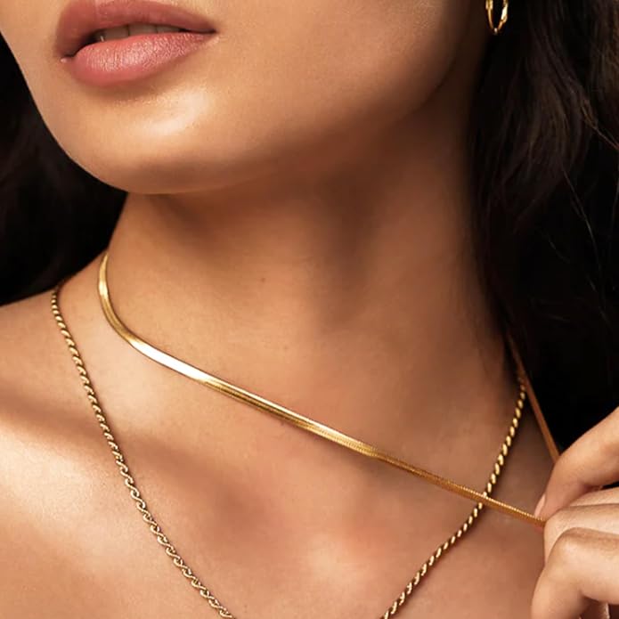 Gold Herringbone Necklace For Women - Rope Chork,Flat Snake Chain Necklaces in 18K Gold & White Gold Plated Tone - Simple Daily Jewelry-Tarnish Free-16-18in