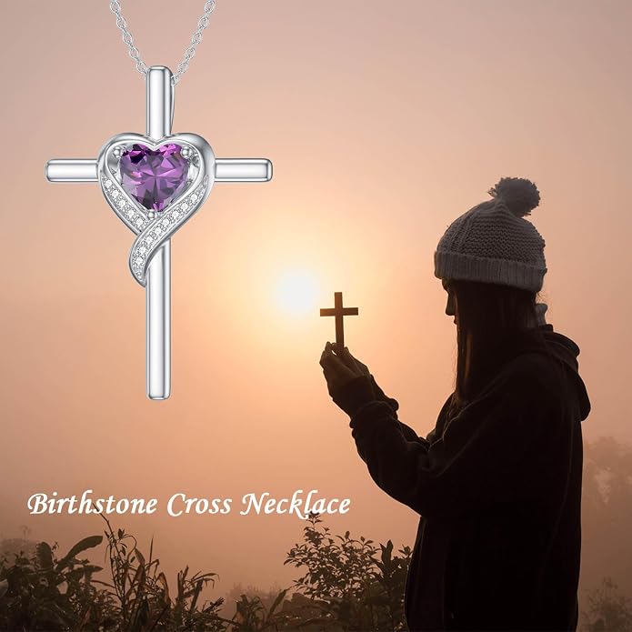 TOUPOP Birthstone Cross Necklace for Women 925 Sterling Silver Heart Cross Pendant Necklace Mothers Day Birthday Jewelry Gifts for Mom Wife Her