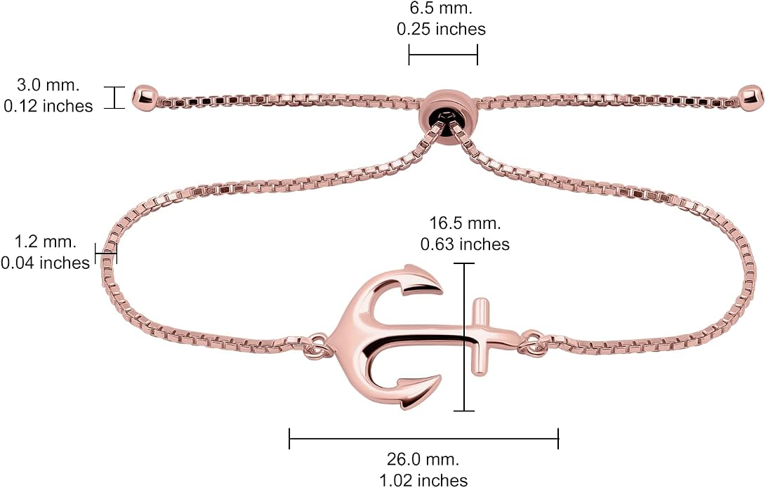 Hoops & Loops 925 Sterling Silver Sailor Anchor High Polished Hypoallergenic Anti-Tarnish Adjustable Bracelet for Women Men, Silver, Yellow Gold & Rose Gold