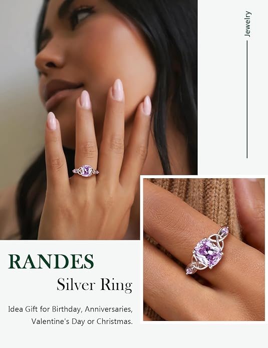 925 Sterling Silver Birthstone Rings for Women Cushion Cut Engagement Celtic Knot Ring Irish Jewelry Created Gemstone Anniversary Rings Size 6-10(with Box)