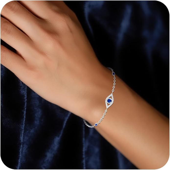 Blue Evil Eyes Link Bracelet, Evil Eye Earrings, S925 Sterling Silver Dainty Cubic Zirconia Adjustable Link Lobster Claw Clasp Chain Jewelry