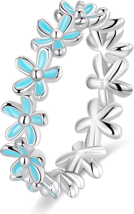 S925 Sterling Silver Dainty Daisy Flower Rings for Women, I Think Of You Every Daisy, 12 Month Birth Flower Ring