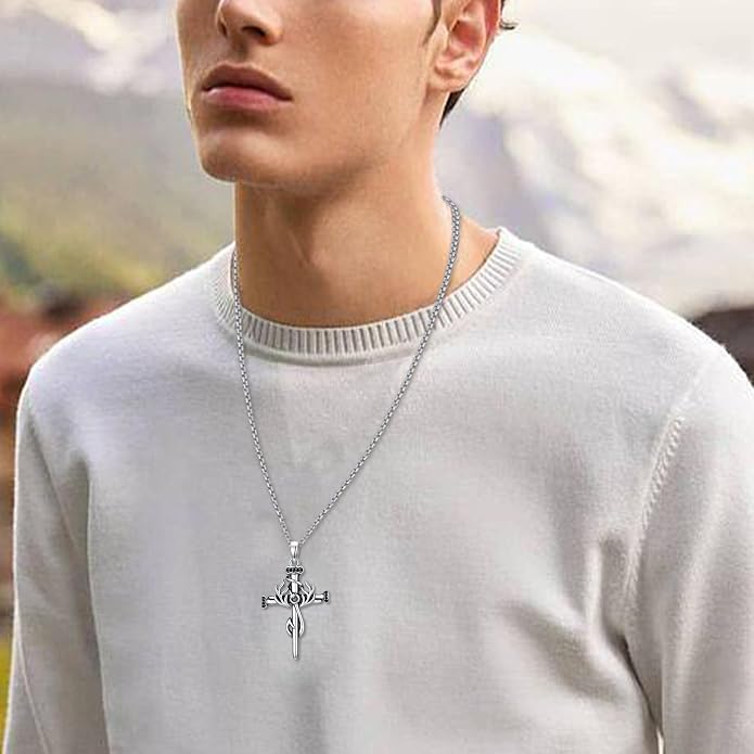 Crown of Thorns Necklace for Men 925 Sterling Silver Nail Cross Necklace Pendant Religious Christian Jewelry Valentines Day Gifts for Men